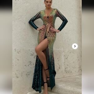 Fashion Nova Glittering Gold and Green  Long Sleeve Dress